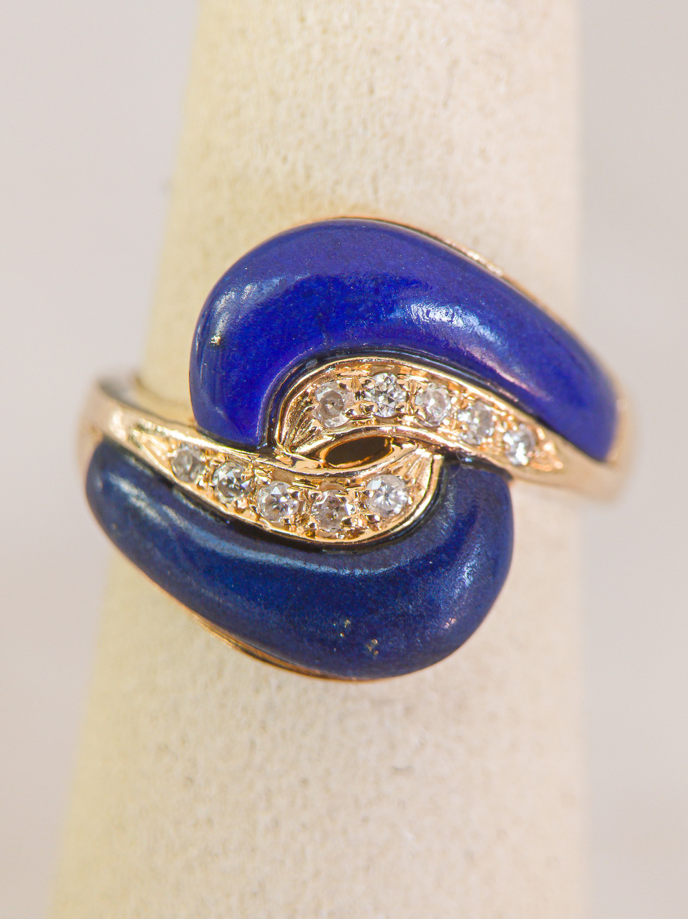 14K Yellow Gold Lapis & Diamond Swirl Ring, Sz 4.25